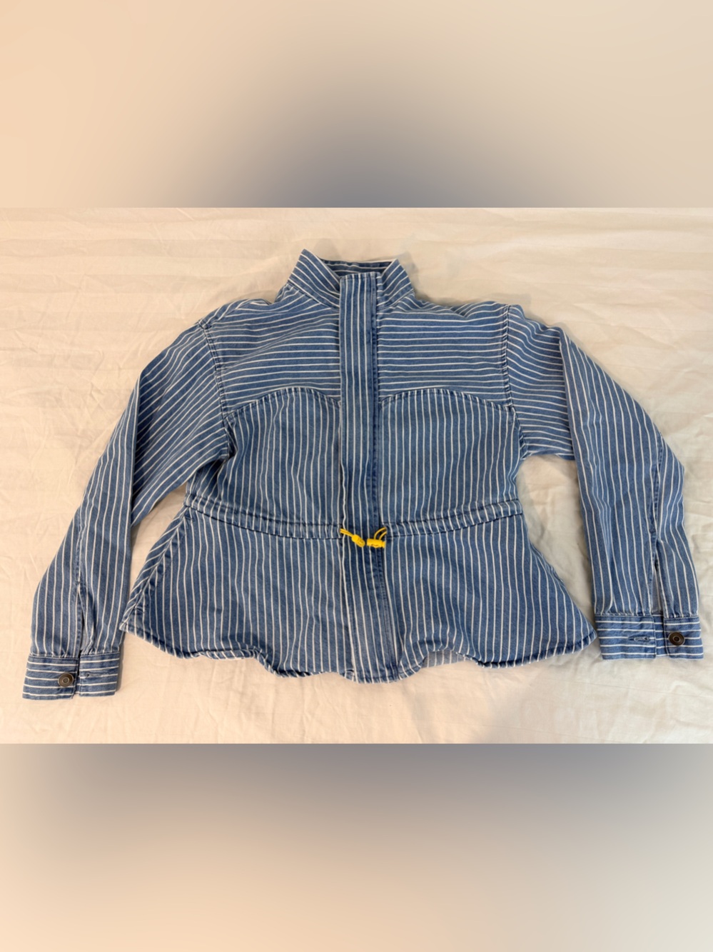 Future Collective striped denim peplum jacket yellow waist tie XS